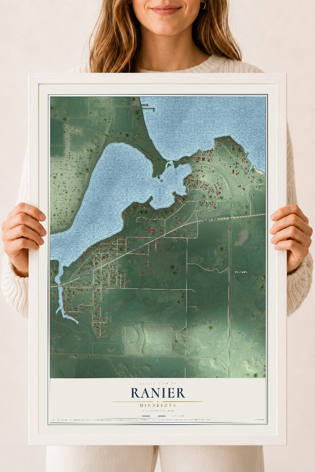 Map of Ranier, Minnesota, 18 x 24 inch print in a white wood frame