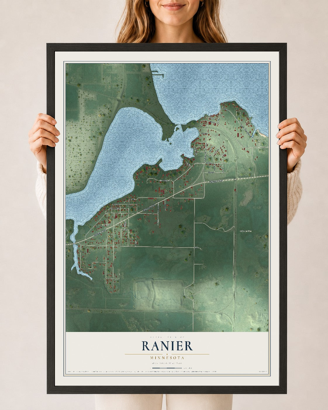 Map of Ranier, Minnesota, 24 x 36 inch print in a black wood frame