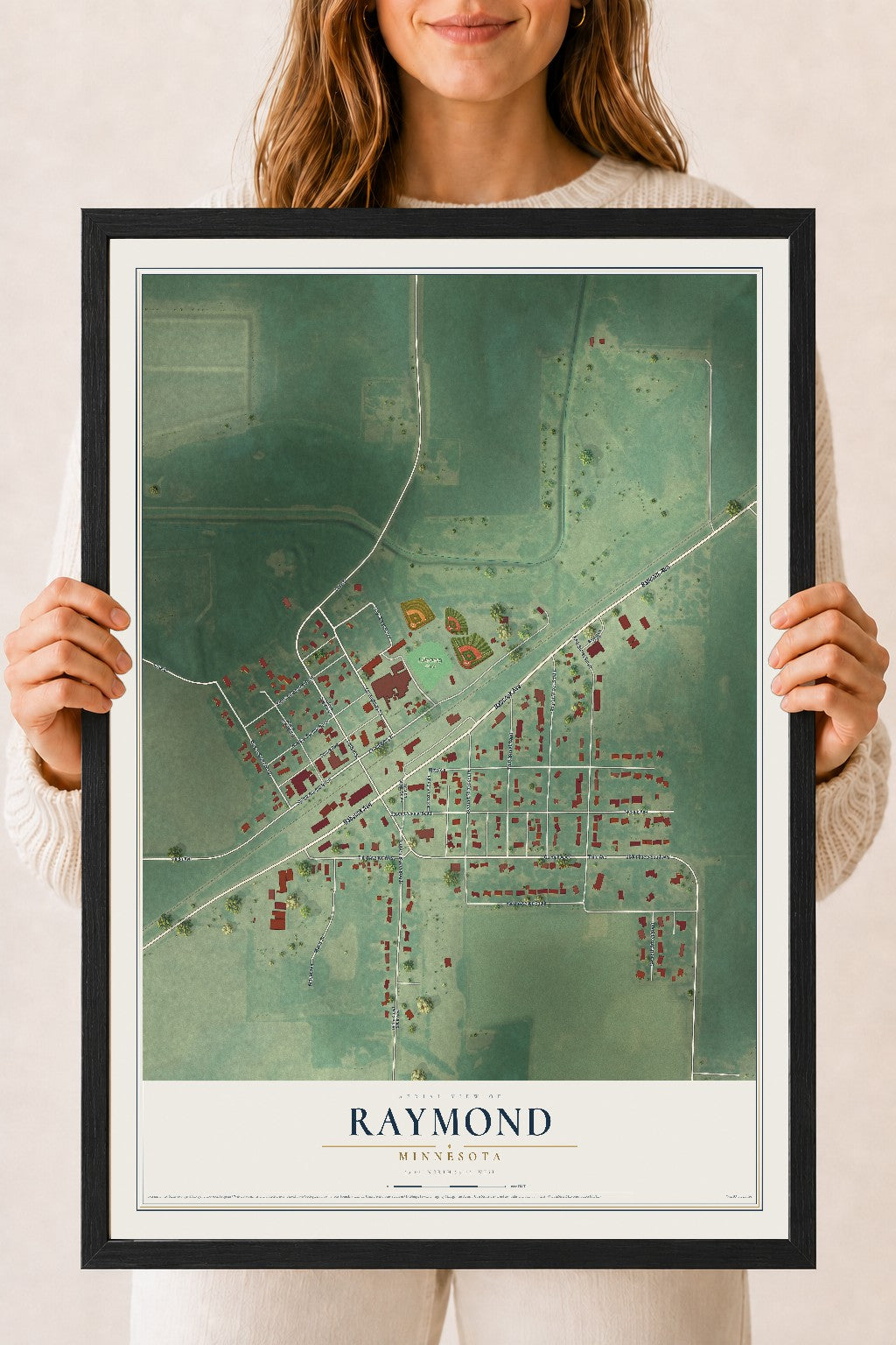 Map of Raymond, Minnesota, 18 x 24 inch print in a black wood frame