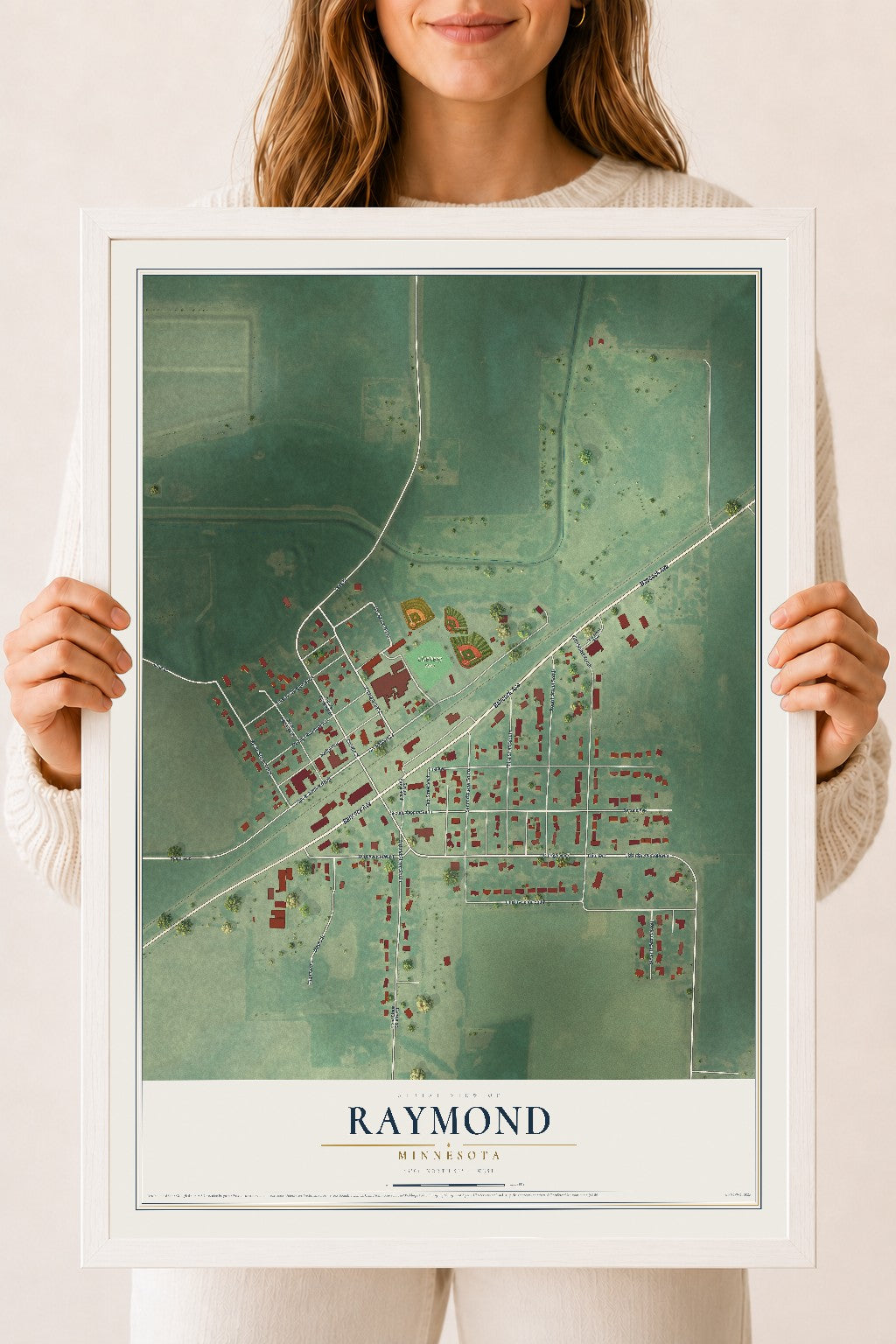 Map of Raymond, Minnesota, 18 x 24 inch print in a white wood frame