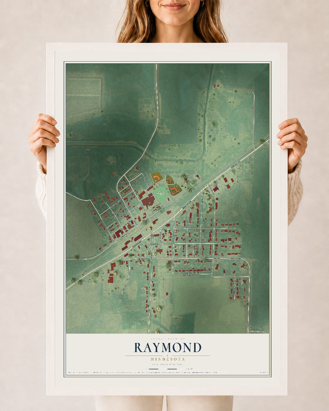 Map of Raymond, Minnesota, 24 x 36 inch print in a white wood frame
