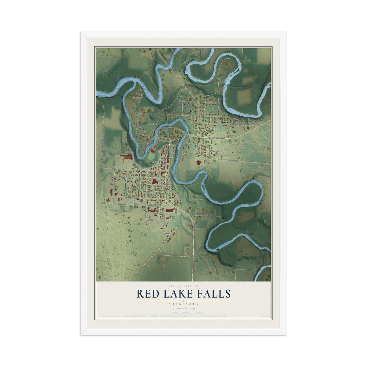 Map of Red Lake Falls, Minnesota, 12 x 18 inch print in a white wood frame