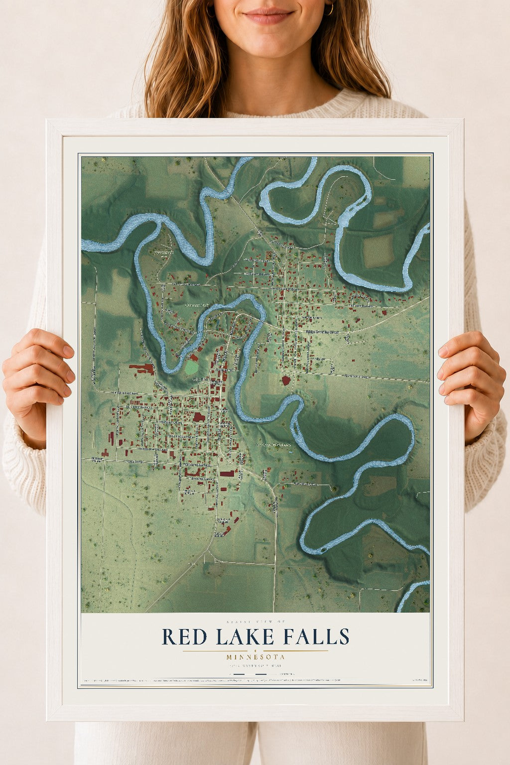 Map of Red Lake Falls, Minnesota, 18 x 24 inch print in a white wood frame