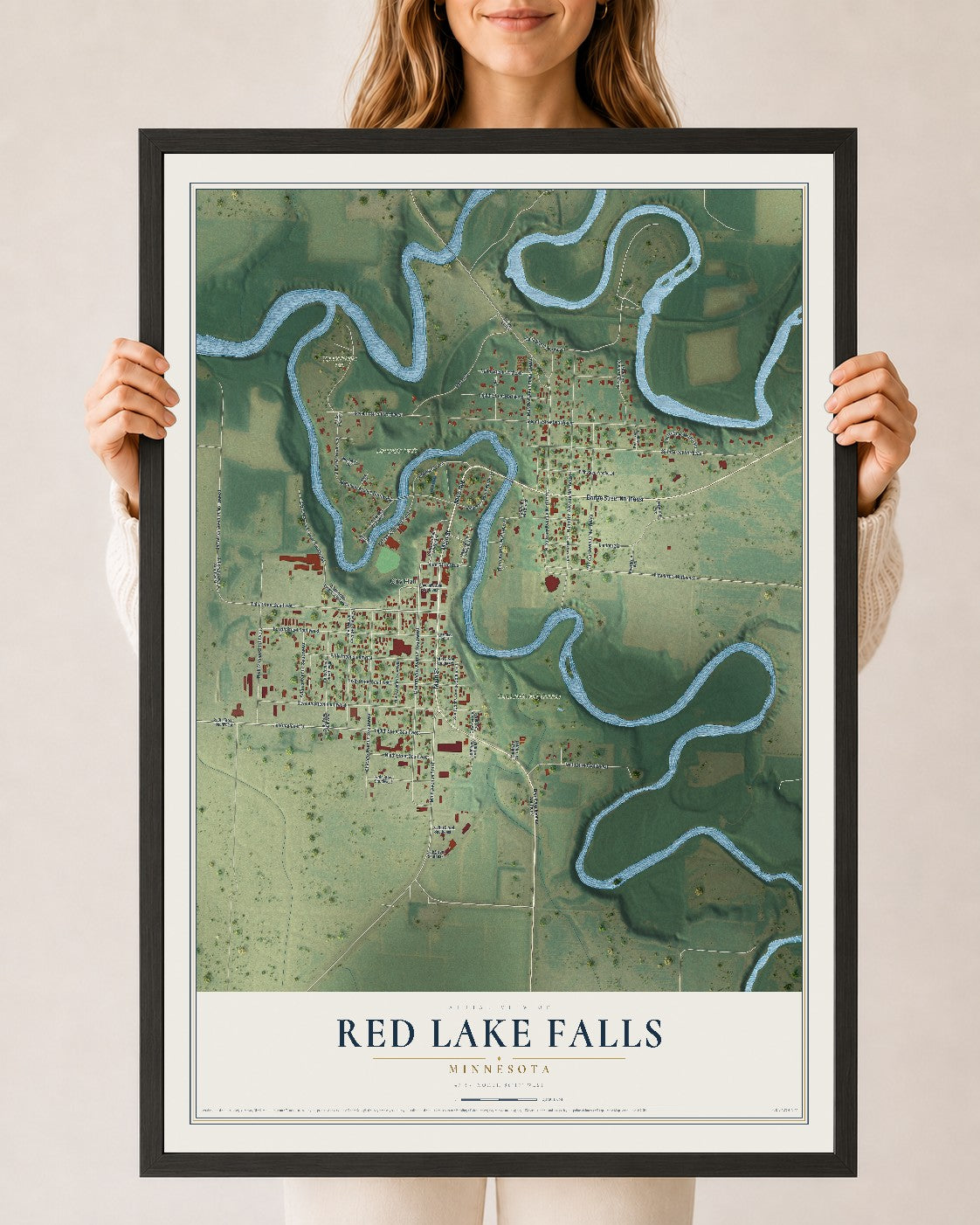 Map of Red Lake Falls, Minnesota, 24 x 36 inch print in a black wood frame