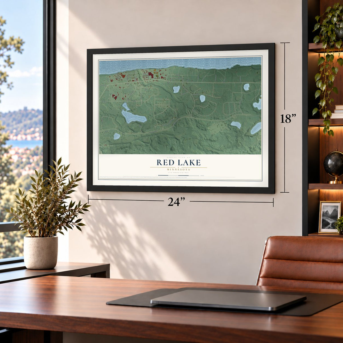 Red Lake, Minnesota map, 18 x 24 inch print in a black frame in a home office