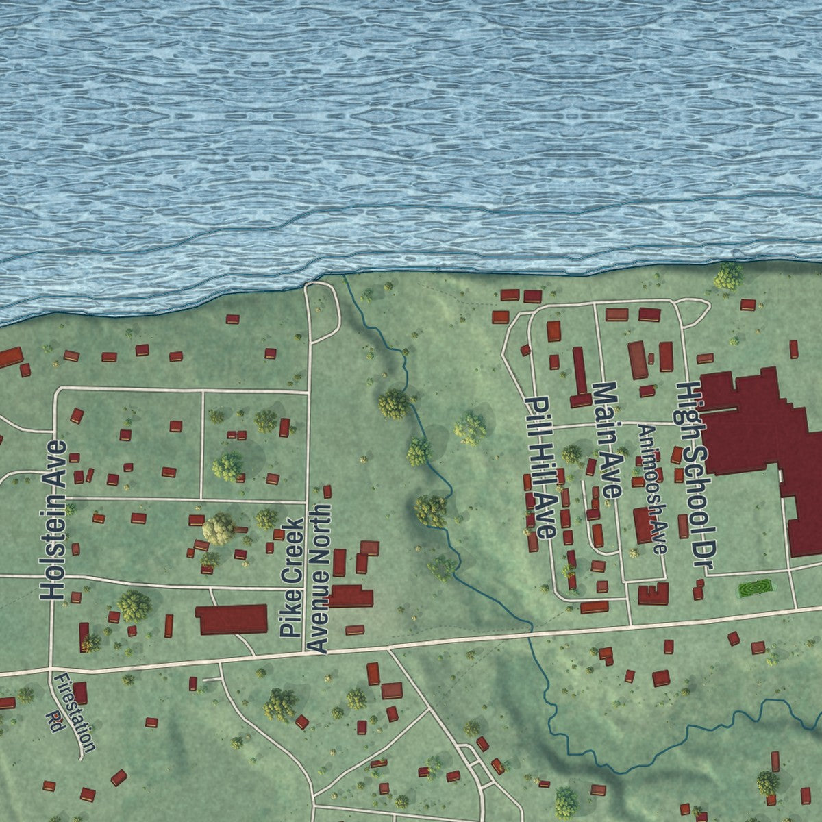 Close-up of the map of Red Lake, Minnesota print showing street and building detail
