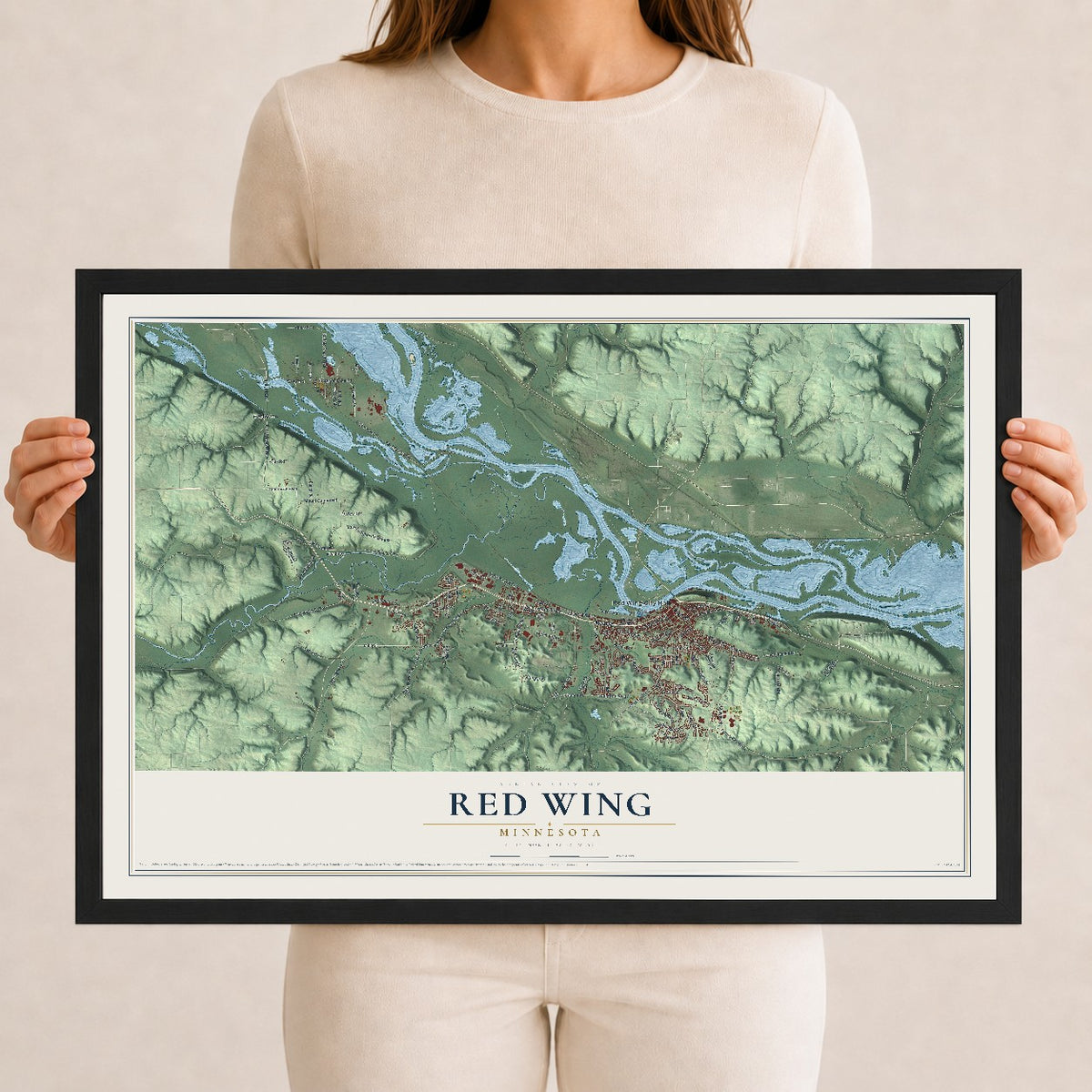 Map of Red Wing, Minnesota, 12 x 18 inch print in a black wood frame