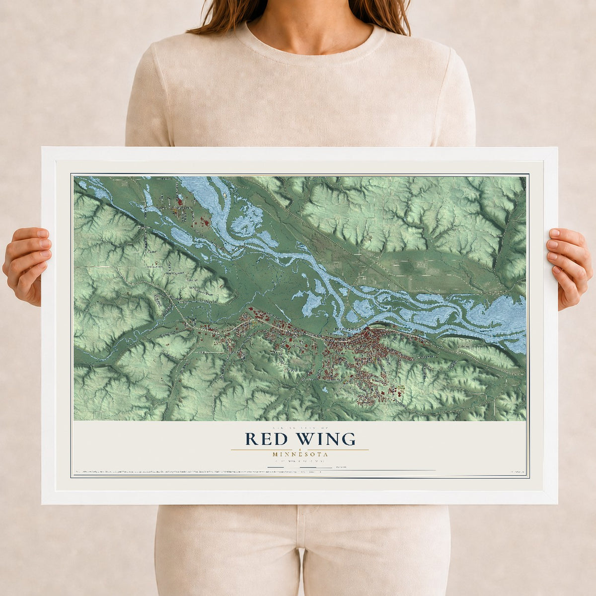 Map of Red Wing, Minnesota, 12 x 18 inch print in a white wood frame