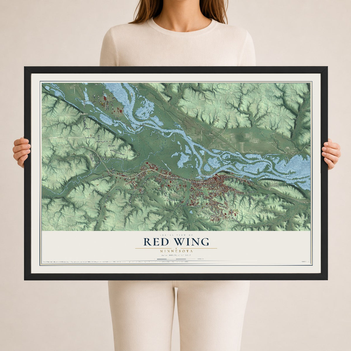 Map of Red Wing, Minnesota, 24 x 36 inch print in a black wood frame