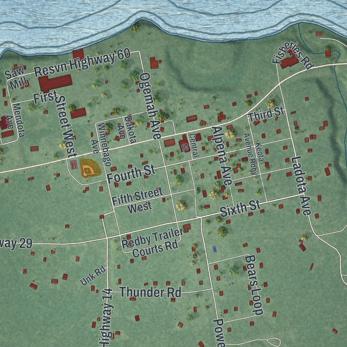 Close-up of the map of Redby, Minnesota print showing street and building detail