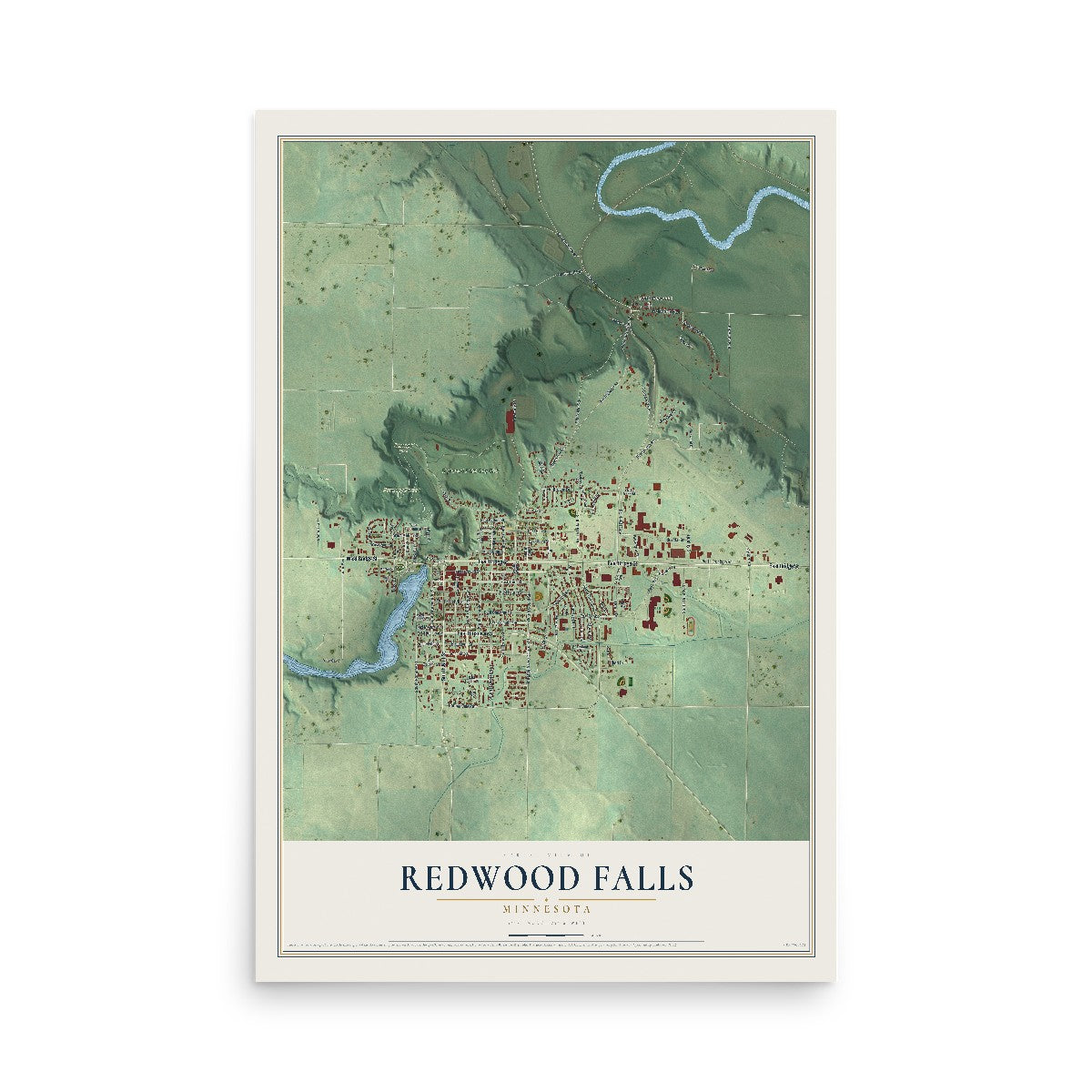 Map of Redwood Falls, Minnesota, 12 x 18 inch unframed archival matte print