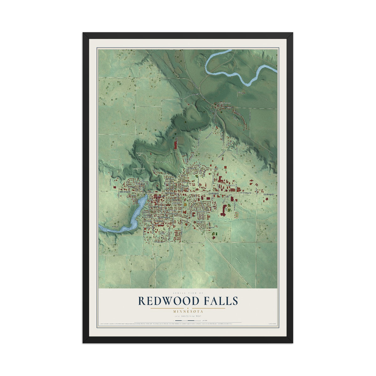 Map of Redwood Falls, Minnesota, 12 x 18 inch print in a black wood frame