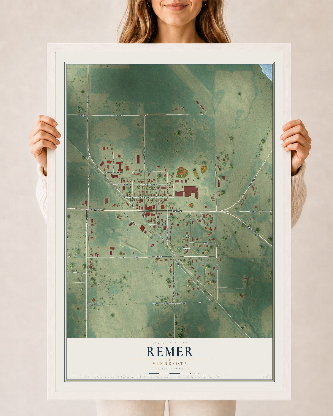 Map of Remer, Minnesota, 24 x 36 inch print in a white wood frame