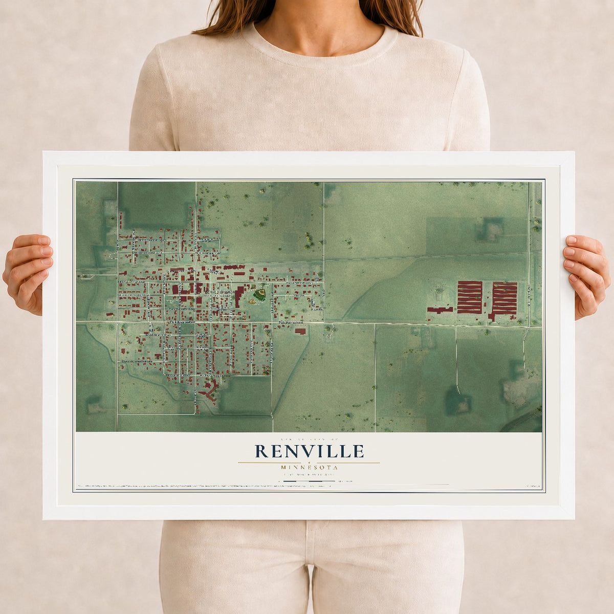 Map of Renville, Minnesota, 12 x 18 inch print in a white wood frame