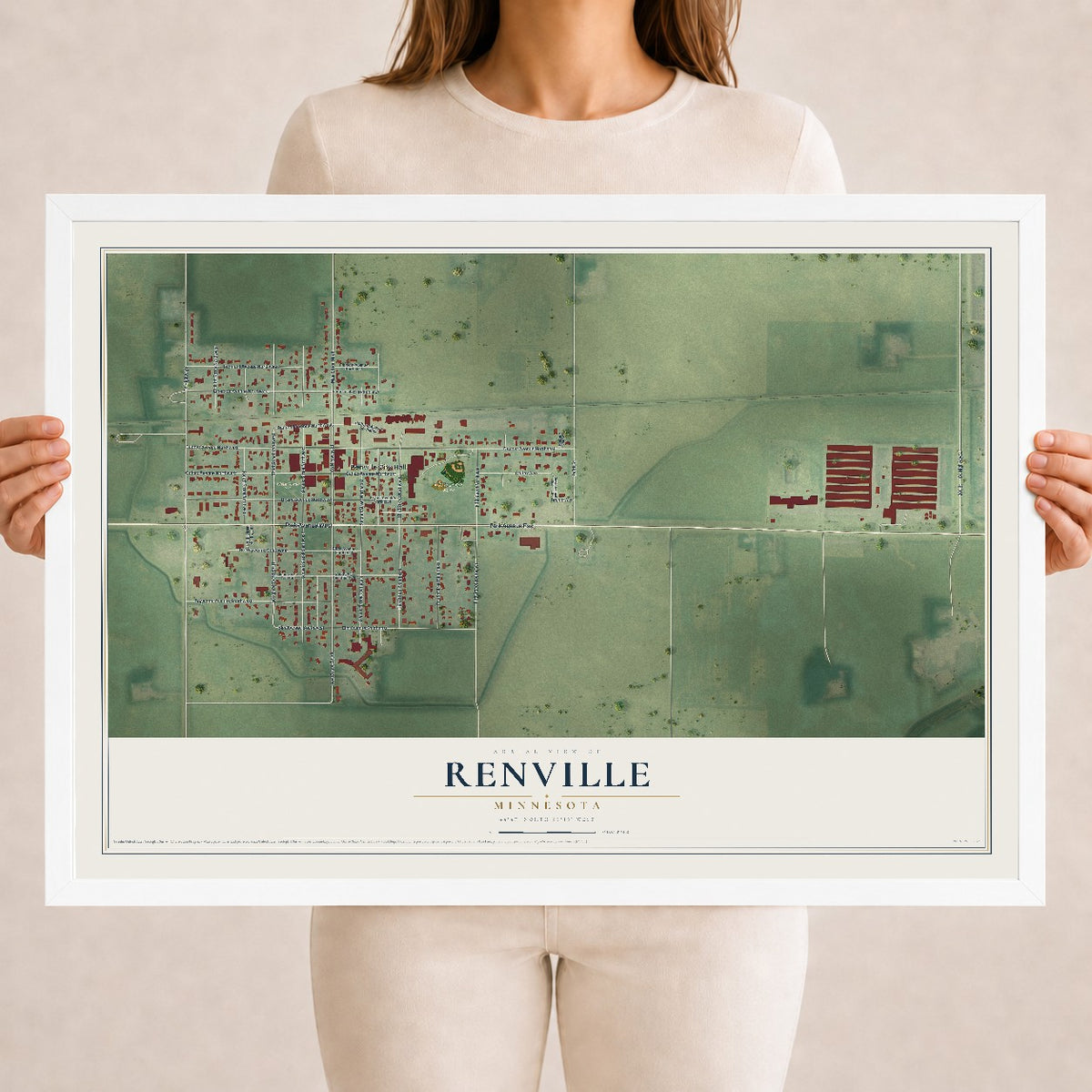 Map of Renville, Minnesota, 18 x 24 inch print in a white wood frame