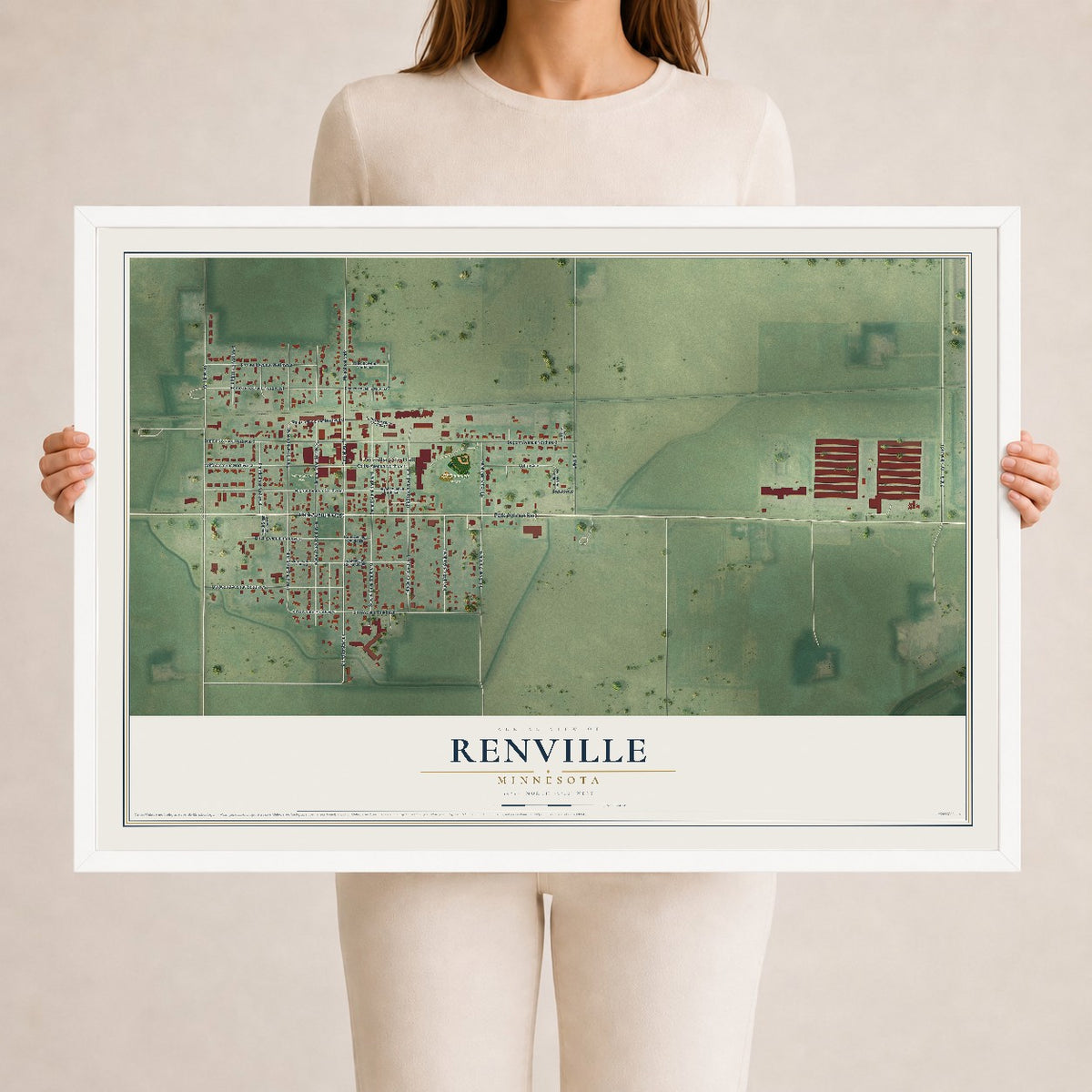 Map of Renville, Minnesota, 24 x 36 inch print in a white wood frame