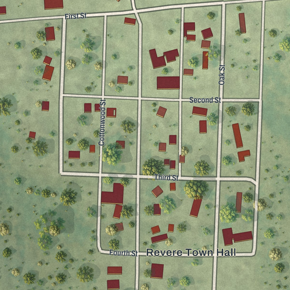 Close-up of the map of Revere, Minnesota print showing street and building detail