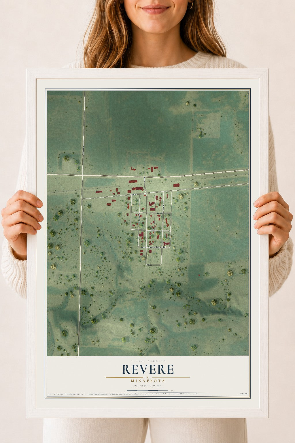 Map of Revere, Minnesota, 18 x 24 inch print in a white wood frame