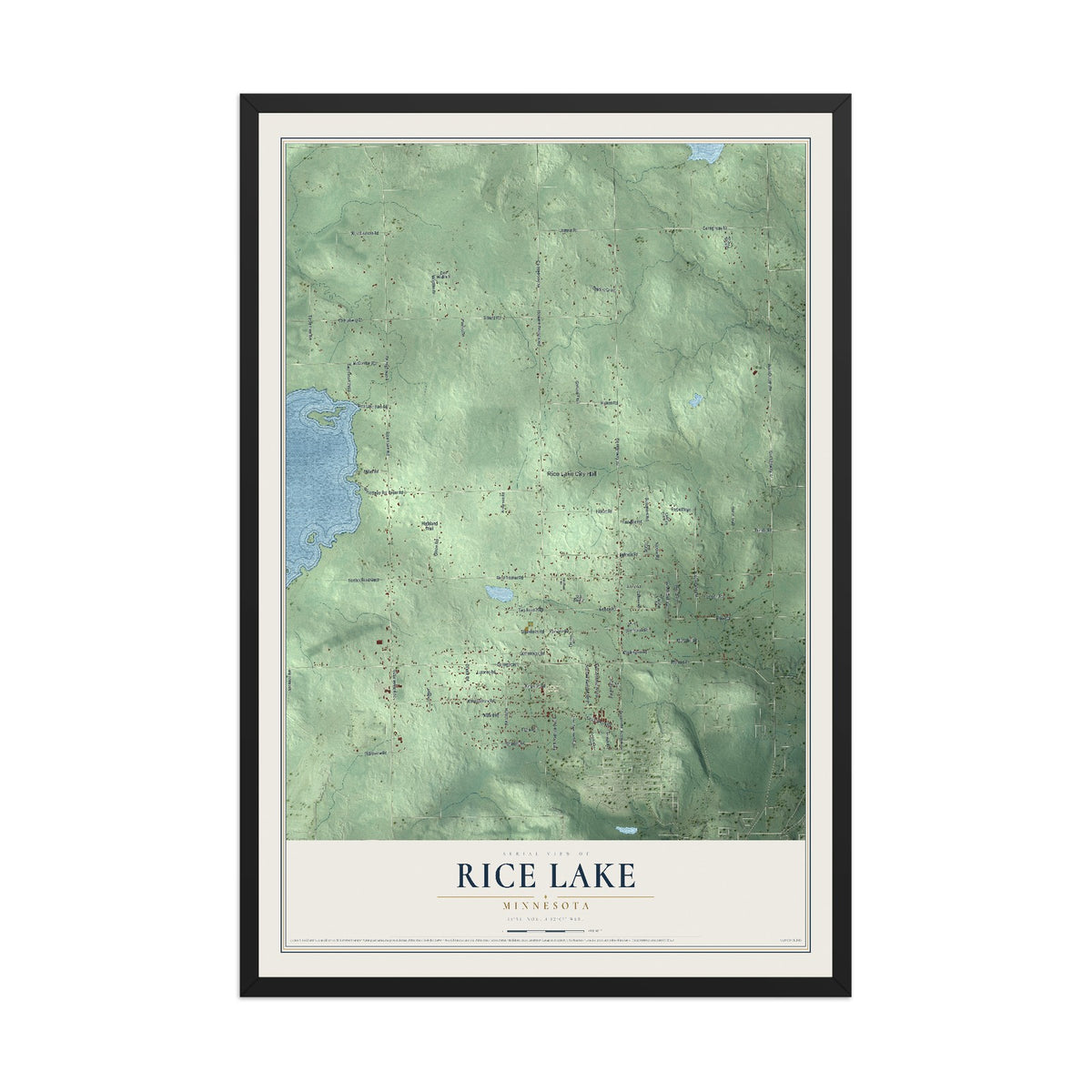 Map of Rice Lake, Minnesota, 12 x 18 inch print in a black wood frame