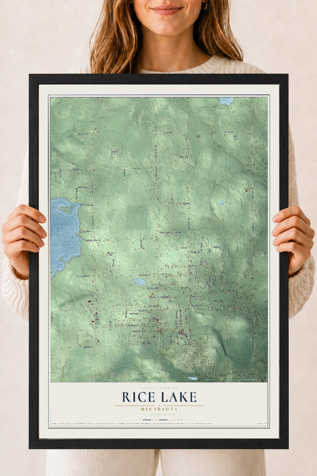 Map of Rice Lake, Minnesota, 18 x 24 inch print in a black wood frame