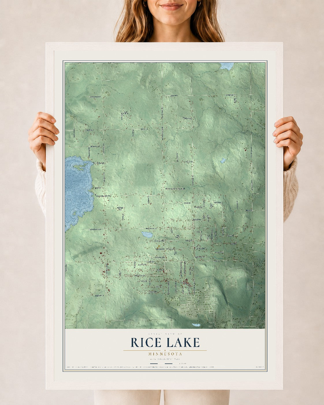 Map of Rice Lake, Minnesota, 24 x 36 inch print in a white wood frame