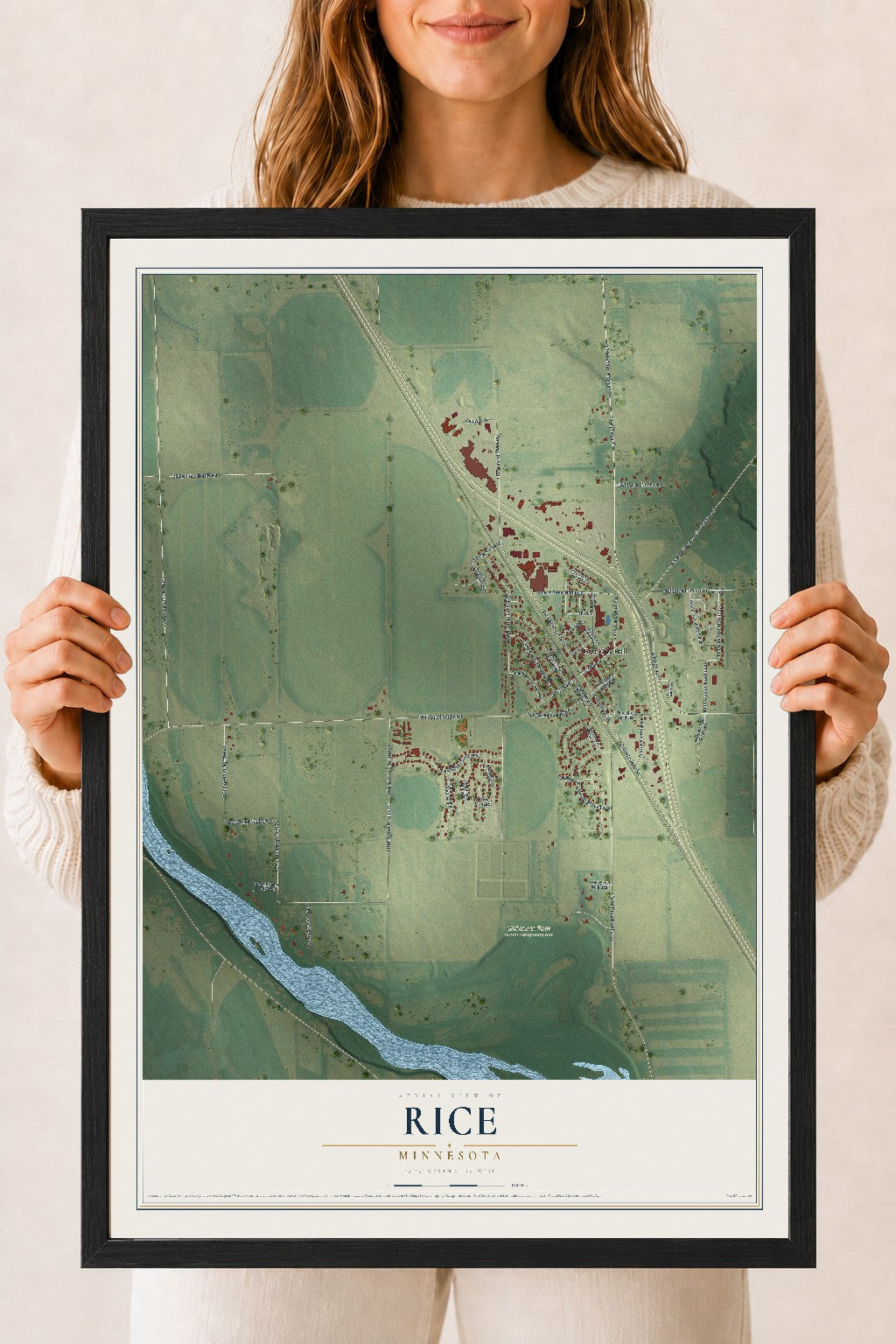 Map of Rice, Minnesota, 18 x 24 inch print in a black wood frame