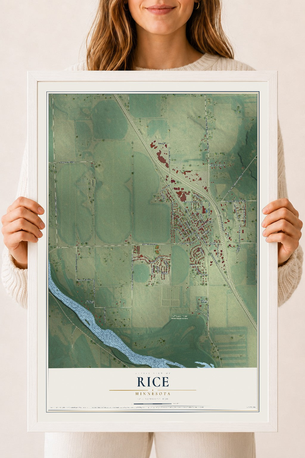 Map of Rice, Minnesota, 18 x 24 inch print in a white wood frame