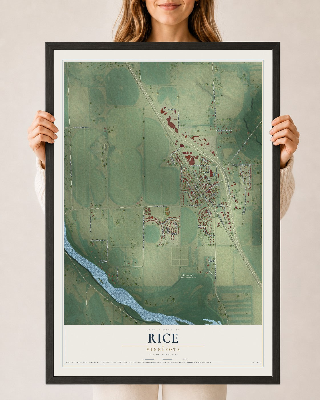 Map of Rice, Minnesota, 24 x 36 inch print in a black wood frame