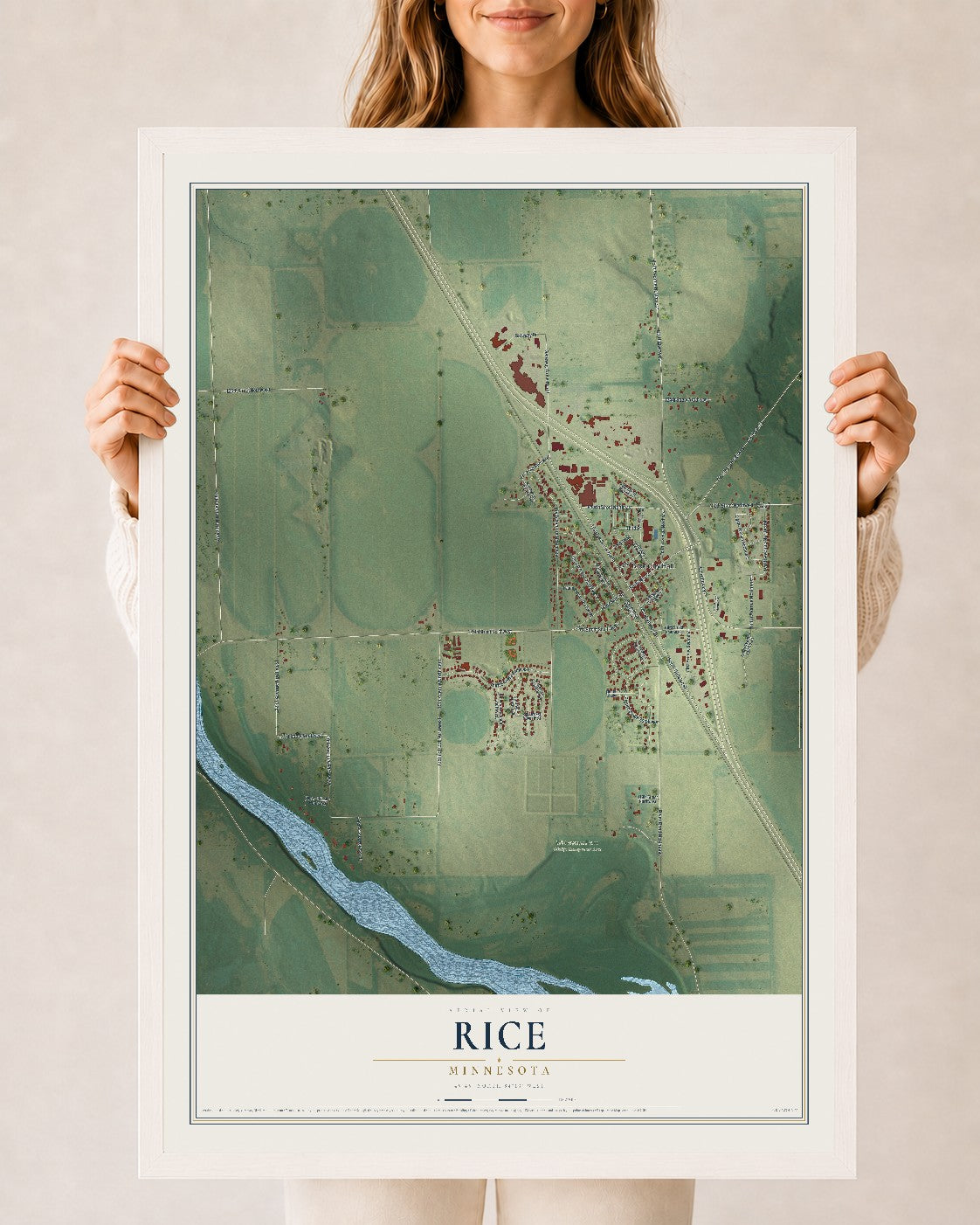 Map of Rice, Minnesota, 24 x 36 inch print in a white wood frame