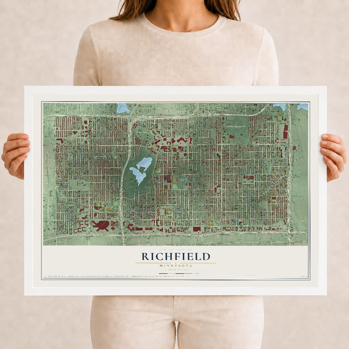 Map of Richfield, Minnesota, 12 x 18 inch print in a white wood frame