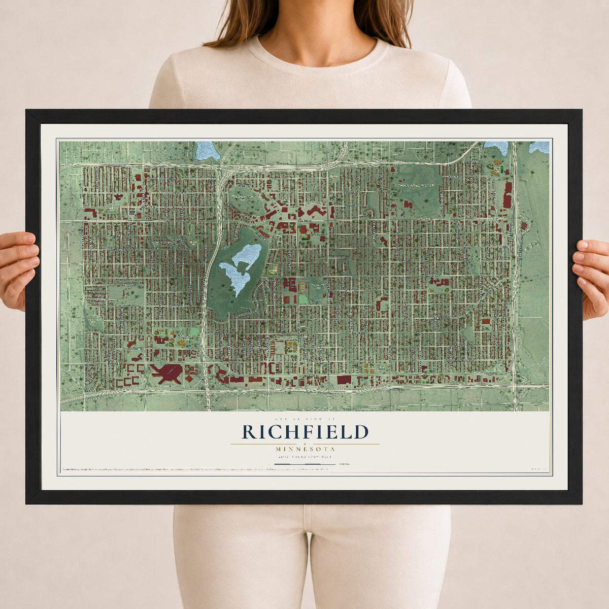 Map of Richfield, Minnesota, 18 x 24 inch print in a black wood frame