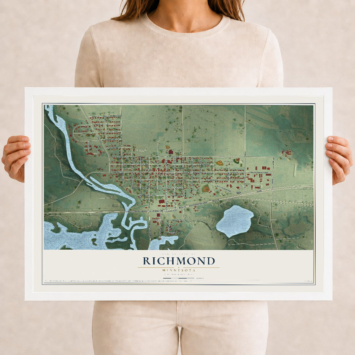 Map of Richmond, Minnesota, 12 x 18 inch print in a white wood frame