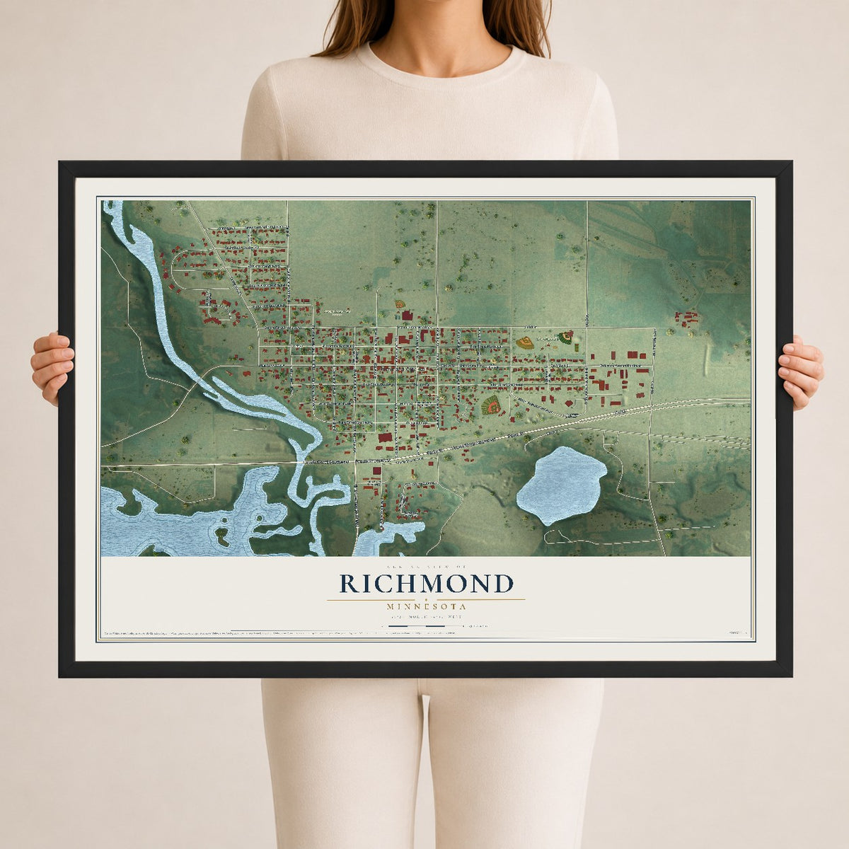 Map of Richmond, Minnesota, 24 x 36 inch print in a black wood frame