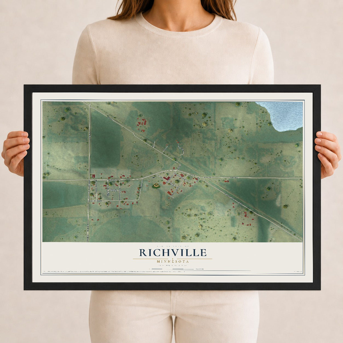 Map of Richville, Minnesota, 12 x 18 inch print in a black wood frame