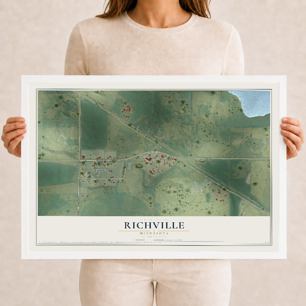 Map of Richville, Minnesota, 12 x 18 inch print in a white wood frame