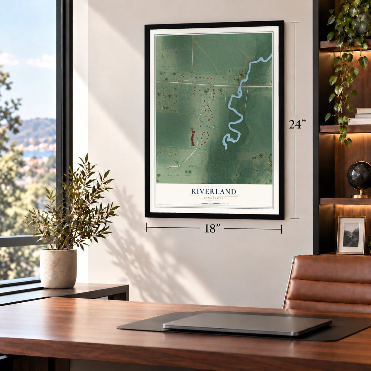 Riverland, Minnesota map, 18 x 24 inch print in a black frame in a home office