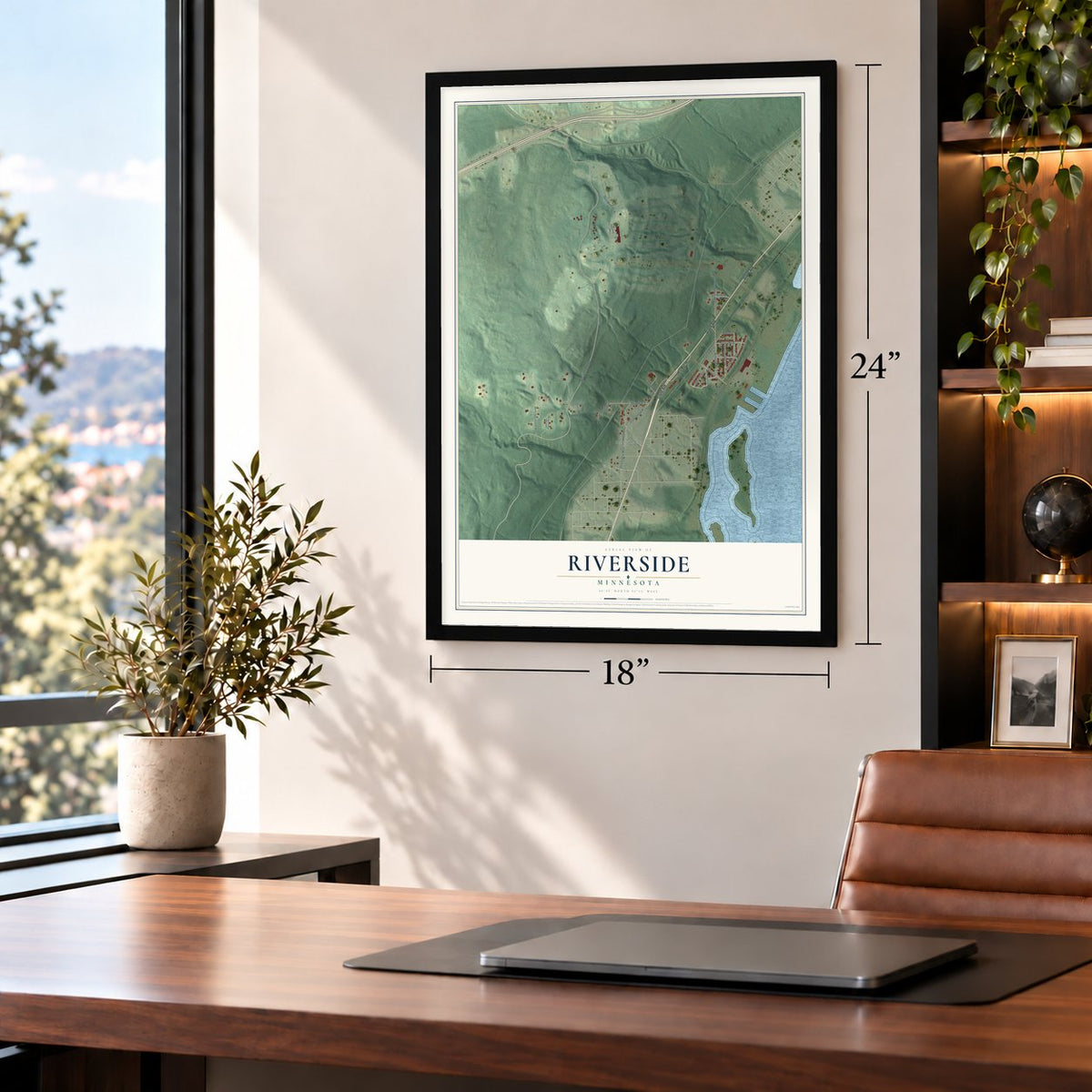 Riverside, Minnesota map, 18 x 24 inch print in a black frame in a home office