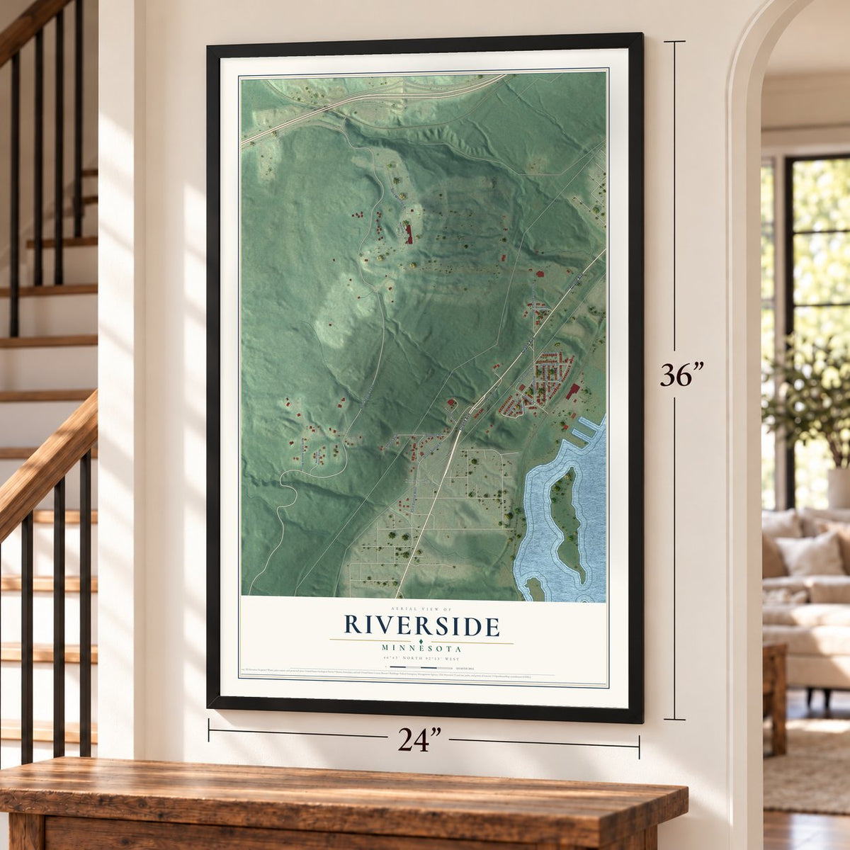 Riverside, Minnesota map, 24 x 36 inch print in a black frame by a staircase
