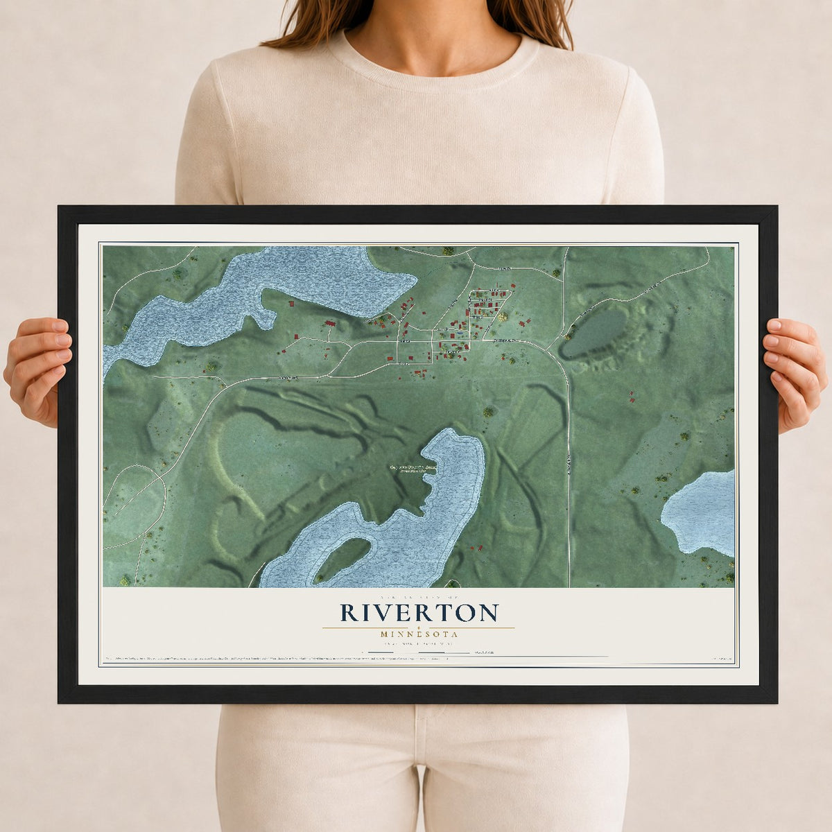 Map of Riverton, Minnesota, 12 x 18 inch print in a black wood frame