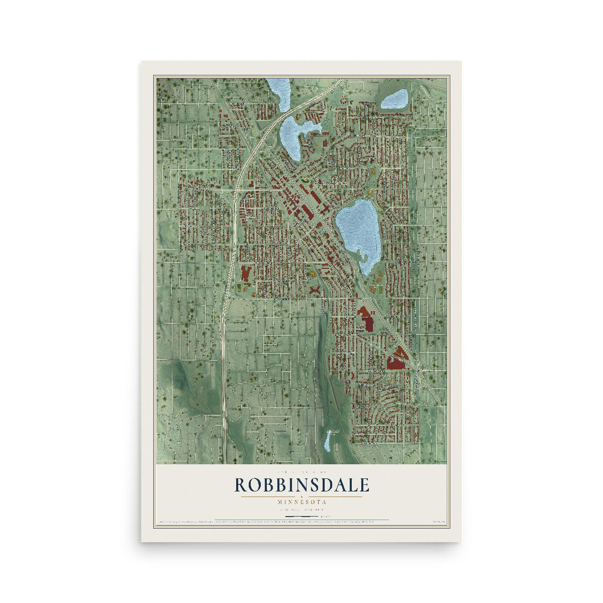 Map of Robbinsdale, Minnesota, 12 x 18 inch unframed archival matte print