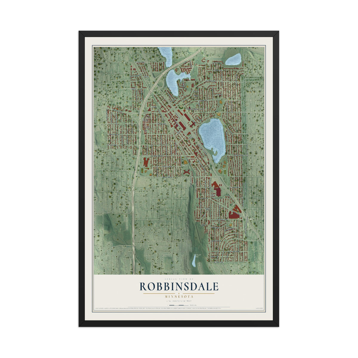 Map of Robbinsdale, Minnesota, 12 x 18 inch print in a black wood frame