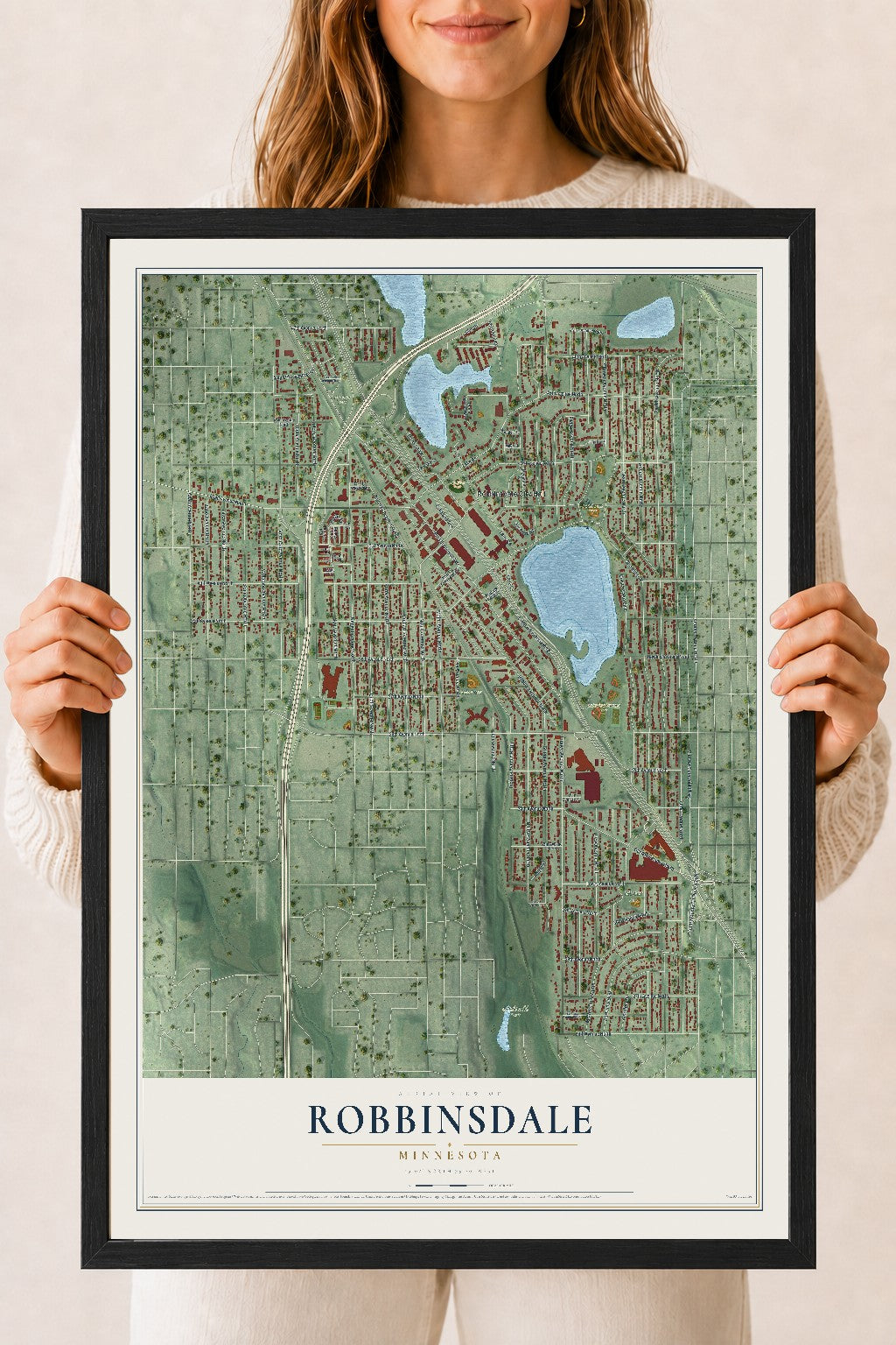 Map of Robbinsdale, Minnesota, 18 x 24 inch print in a black wood frame