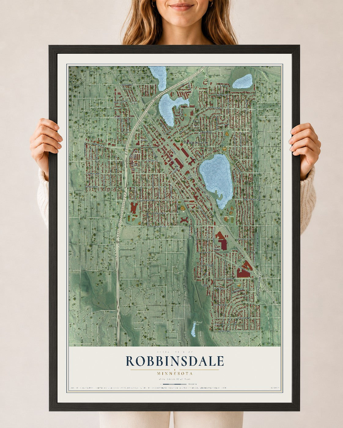 Map of Robbinsdale, Minnesota, 24 x 36 inch print in a black wood frame