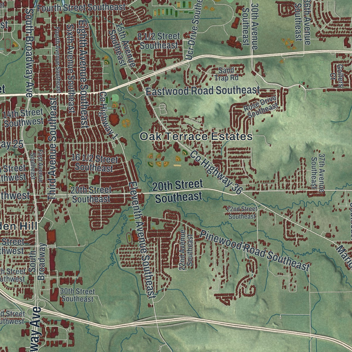 Second close-up of the map of Rochester, Minnesota print showing more streets and buildings