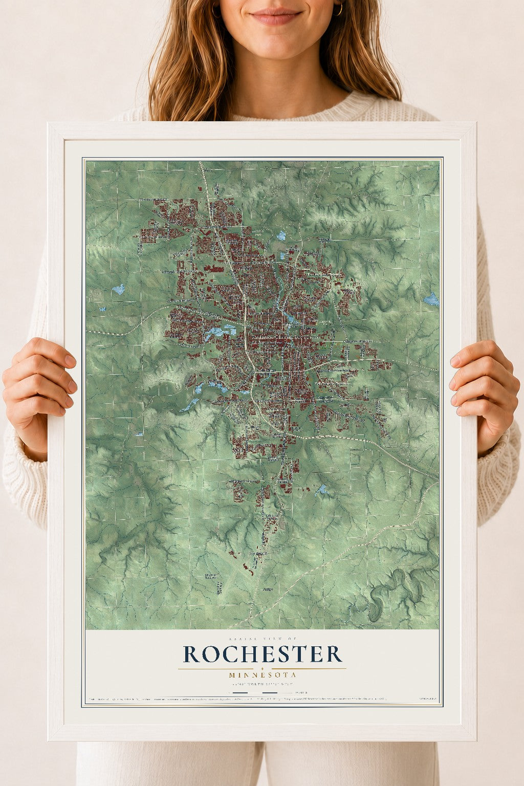 Map of Rochester, Minnesota, 18 x 24 inch print in a white wood frame