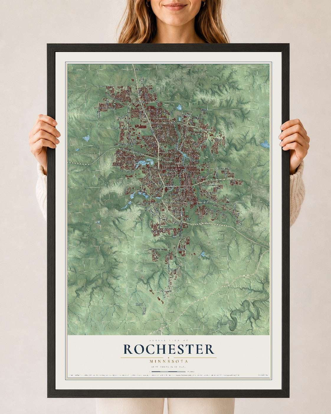 Map of Rochester, Minnesota, 24 x 36 inch print in a black wood frame