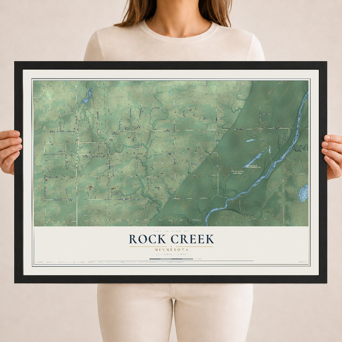 Map of Rock Creek, Minnesota, 18 x 24 inch print in a black wood frame