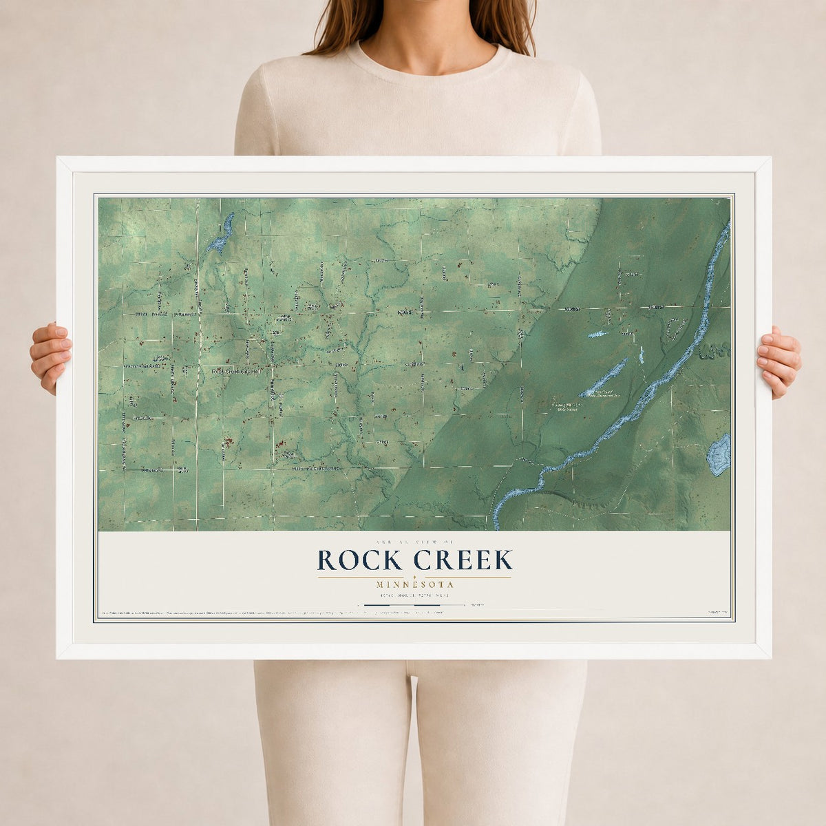 Map of Rock Creek, Minnesota, 24 x 36 inch print in a white wood frame