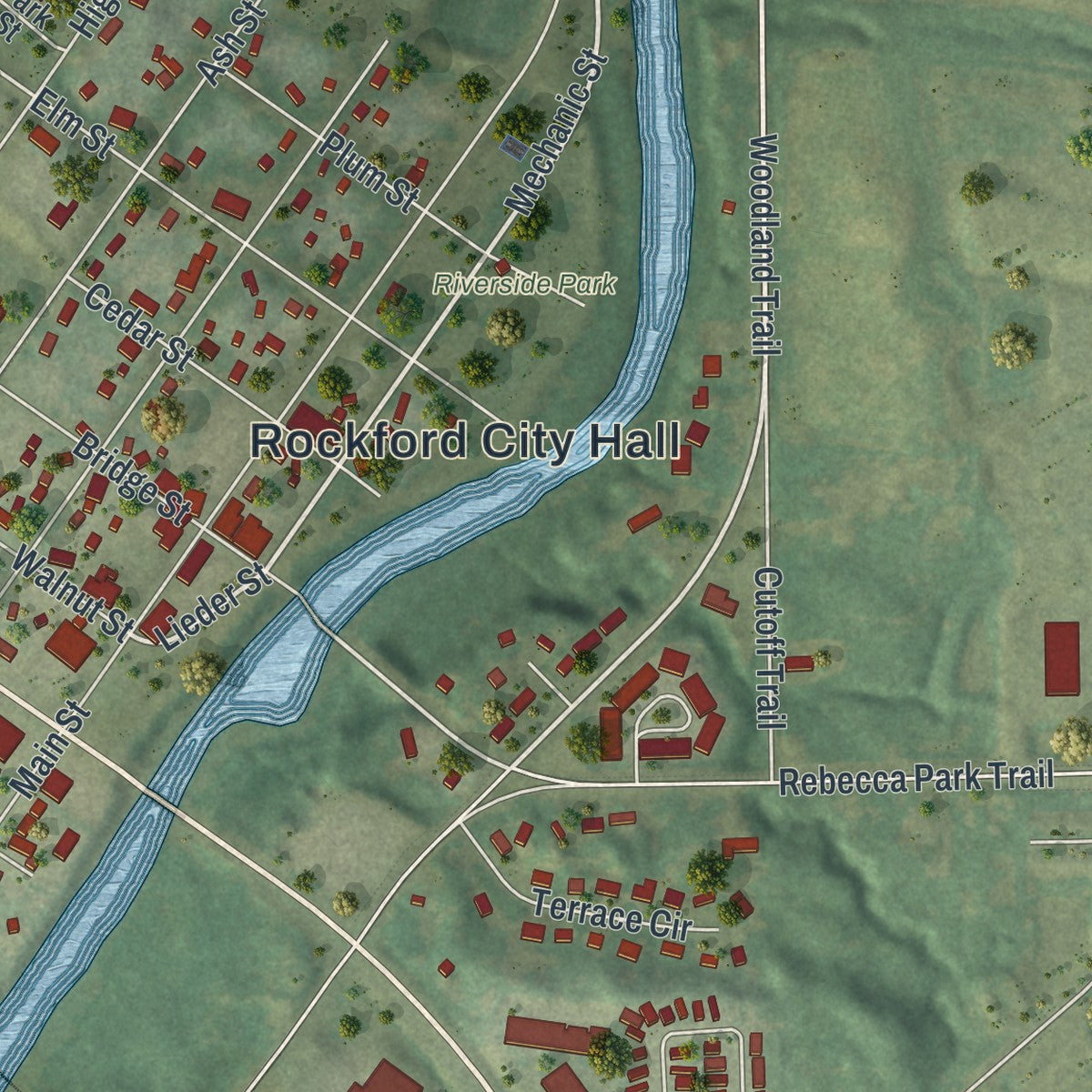 Second close-up of the map of Rockford, Minnesota print showing more streets and buildings