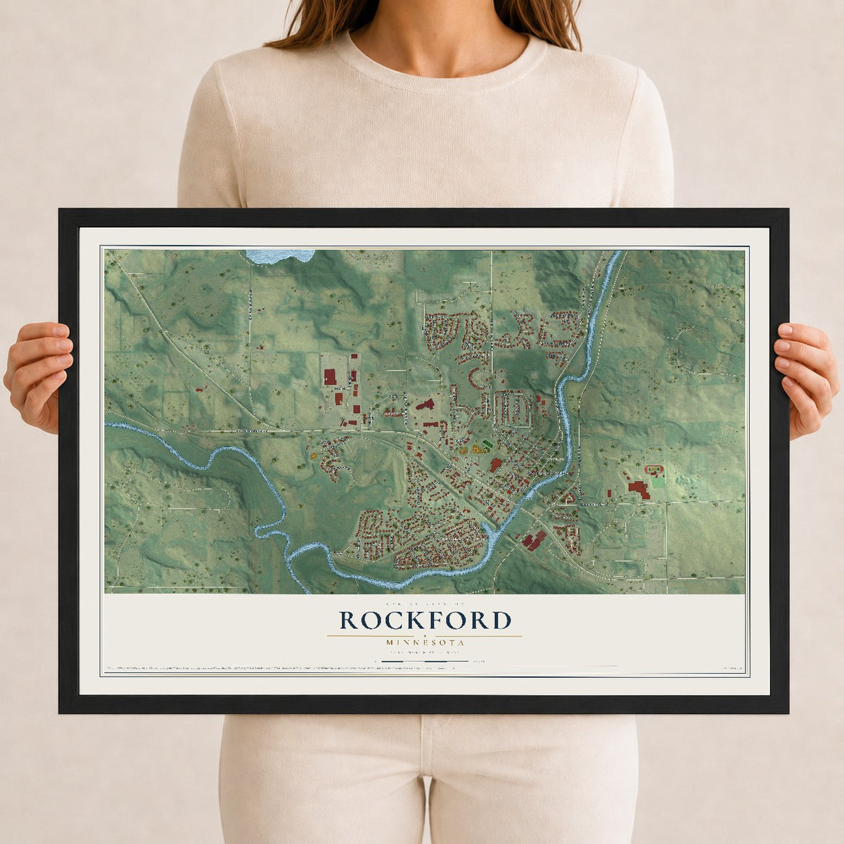 Map of Rockford, Minnesota, 12 x 18 inch print in a black wood frame
